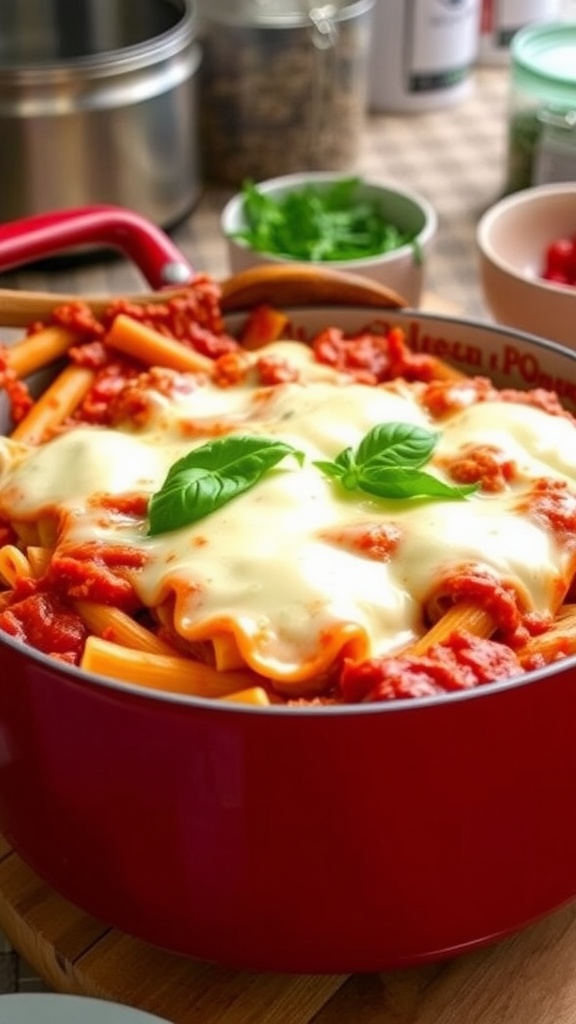 A pot of one-pot stove top lasagna with marinara sauce, mozzarella cheese, and basil, ready to serve.